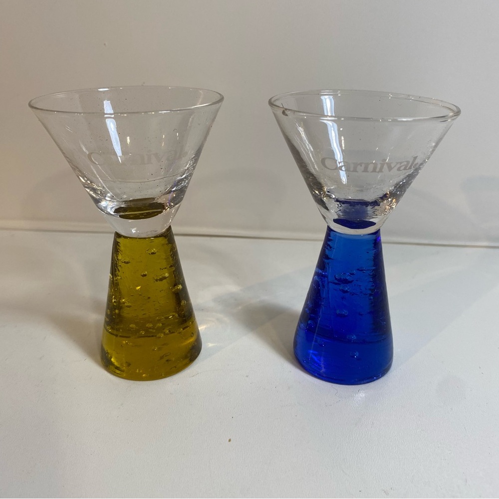 Set of 2 Logo Carnival Cruise Lines Cobalt Blue Amber Pedestal Shot Glasses